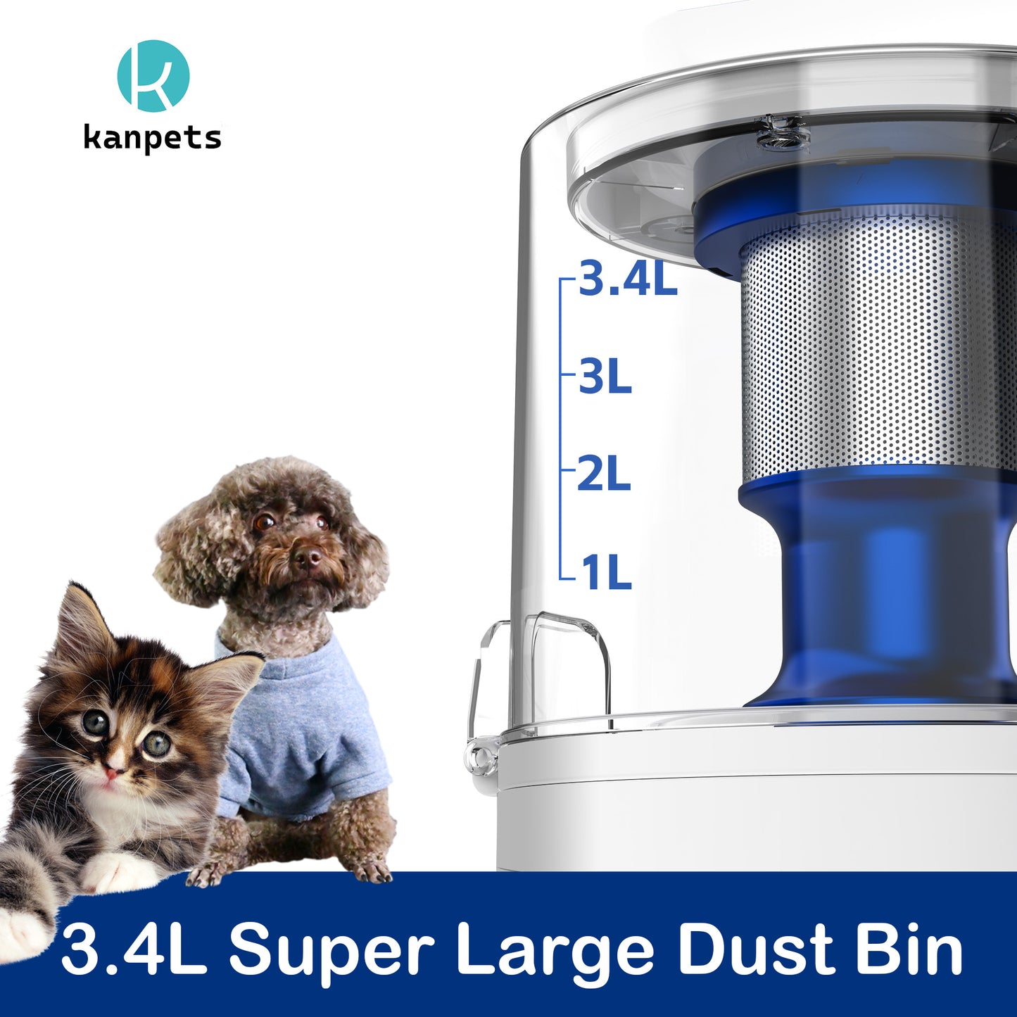 Kanpets 3.4 L Dust Bin Attachment 710D 4-in-1 Pet Grooming Vacuum Kit