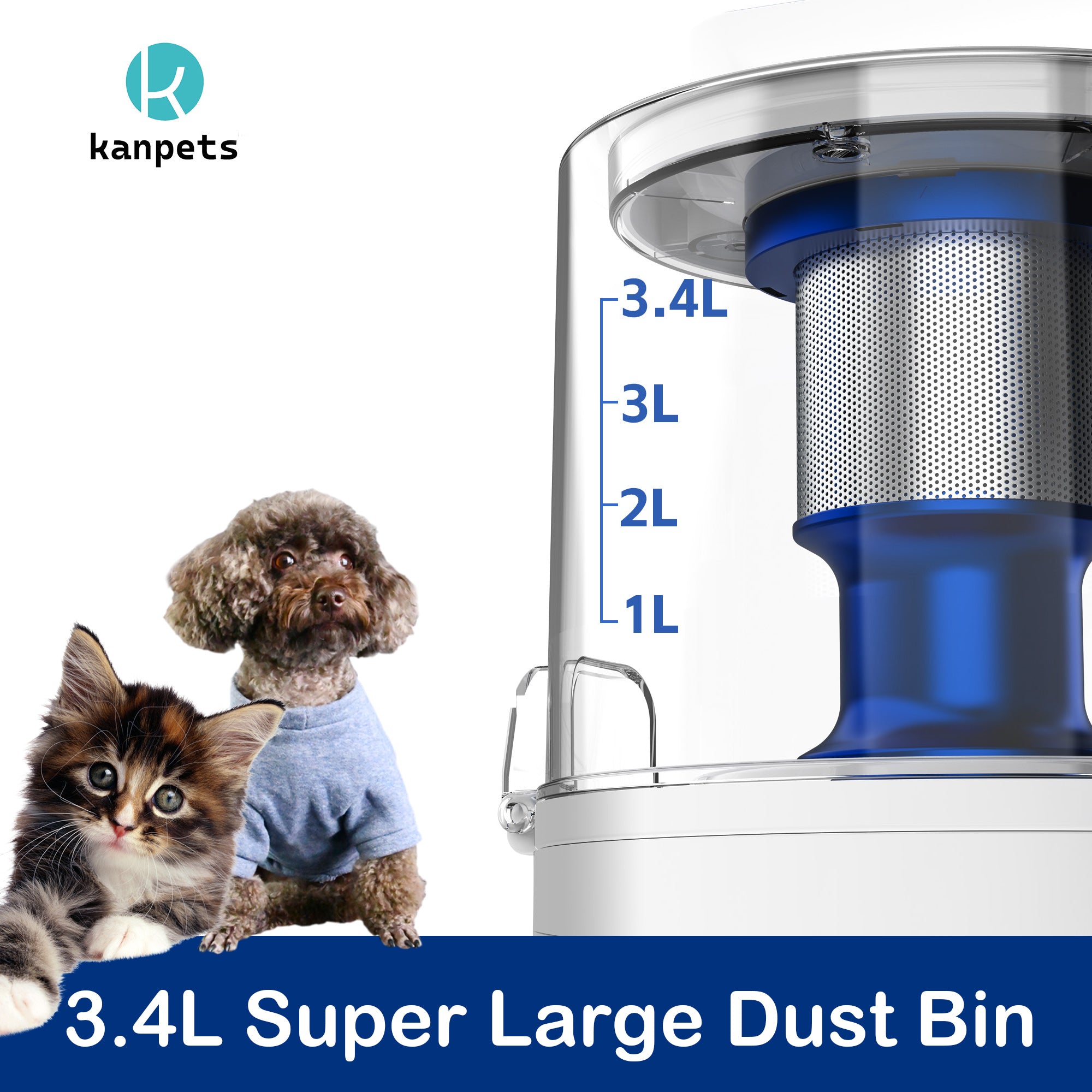 KANPETS Dog Vacuum for Shedding Grooming with Max 3.4L Dust Bin